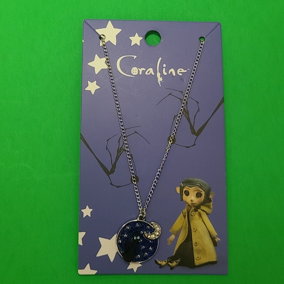 Laika Coraline Cat Starry Night Necklace Stars Moon Glitter Sparkle Black Blue - Picture 2 of 4